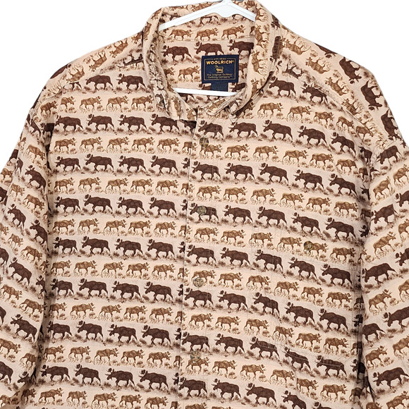 Woolrich Button Down Shirt 2XL 100% Cotton Brown Bison Moose Print Long Sleeve - Picture 3 of 7
